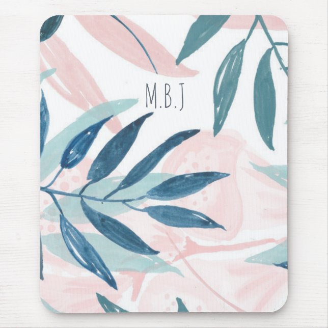 Elegant Watercolor Pastel Leaves Monogram Mouse Pad (Front)
