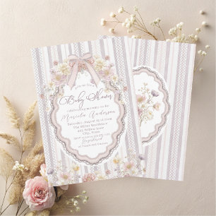 Elegant Watercolor pastel wildflower bow lace Baby Invitation
