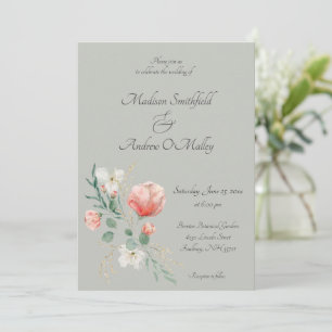 Elegant Watercolor Peach and Green Floral Wedding  Invitation