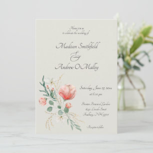 Elegant Watercolor Peach and Green Floral Wedding  Invitation