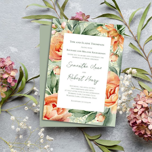 Elegant Watercolor Peach Flora Wedding Invitation (Peach floral elegant invitation)