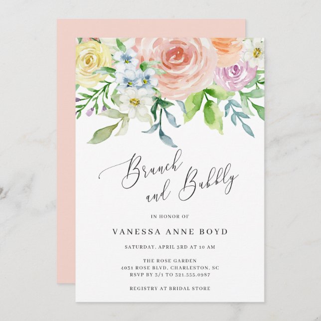 Elegant Watercolor Peach Floral Brunch and Bubbly Invitation (Front/Back)