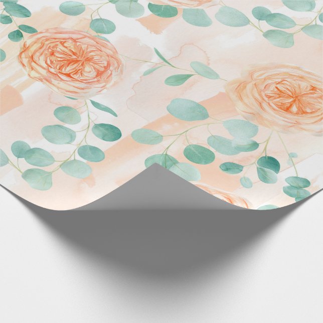 Elegant Watercolor Peach Floral Green Eucalyptus  Wrapping Paper (Corner)
