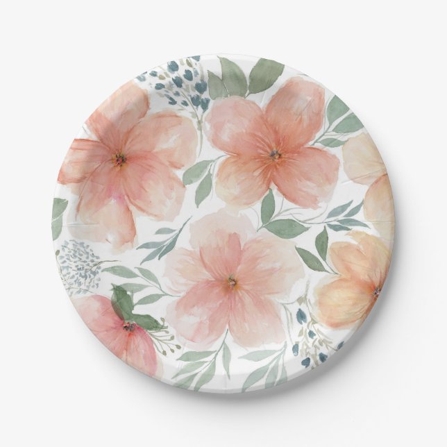 Elegant Watercolor Peach Floral  Paper Plate (Front)