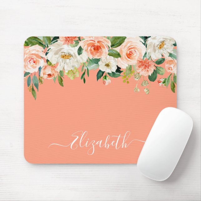 Elegant Watercolor Peach Floral Trendy Script Mouse Pad (With Mouse)