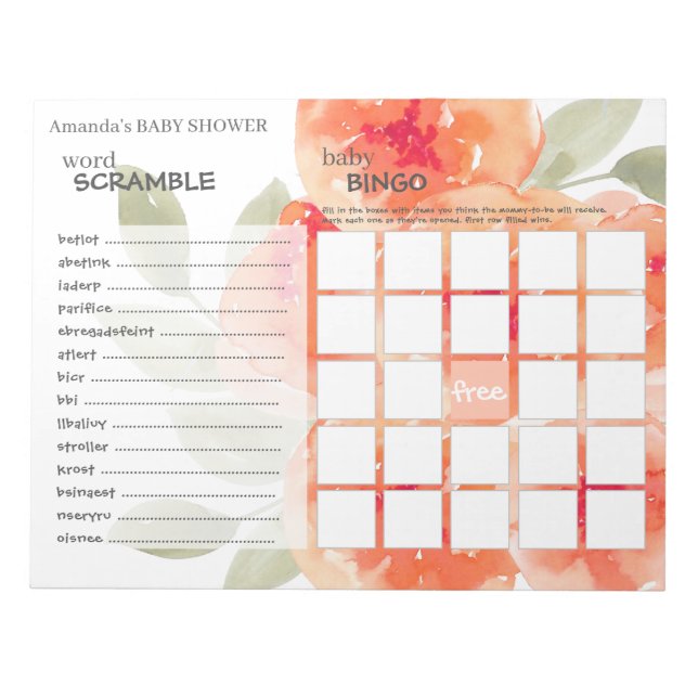 Elegant Watercolor Peach Peonies Baby Shower Games Notepad (Front)