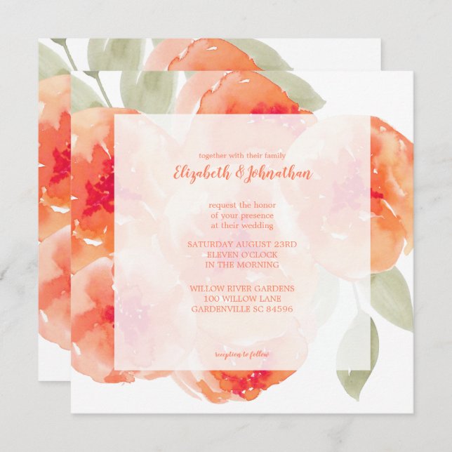 Elegant Watercolor Peach Peonies Floral Wedding Invitation (Front/Back)