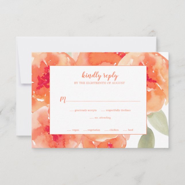 Elegant Watercolor Peach Peonies Floral Wedding RSVP Card (Front)