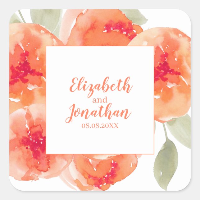 Elegant Watercolor Peach Peonies Floral Wedding Square Sticker (Front)