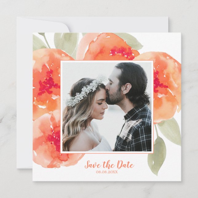 Elegant Watercolor Peach Peonies Save the Date Invitation (Front)