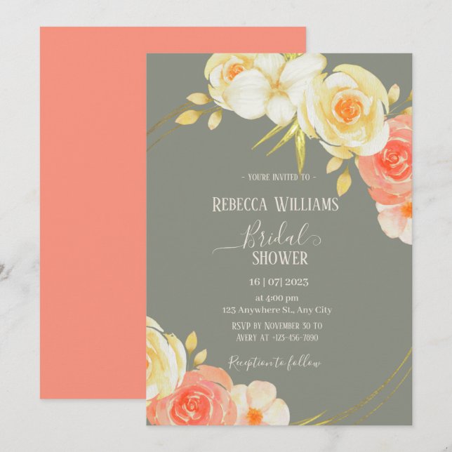 Elegant Watercolor peach Rose & Sage Green floral  Invitation (Front/Back)