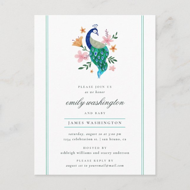 Elegant Watercolor Peacock Boy's Baby Shower Invitation Postcard (Front)