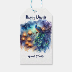 Elegant watercolor Peacock Diwali Gift Tags