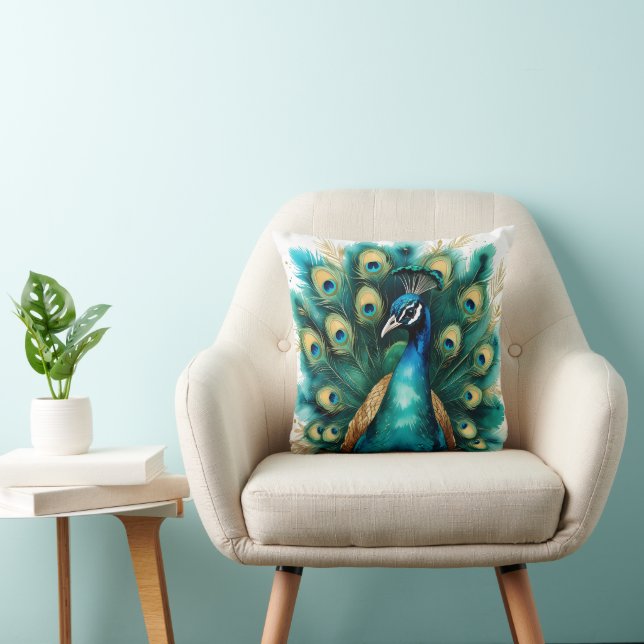 Elegant Watercolor Peacock Feather Throw Pillow (Chair)