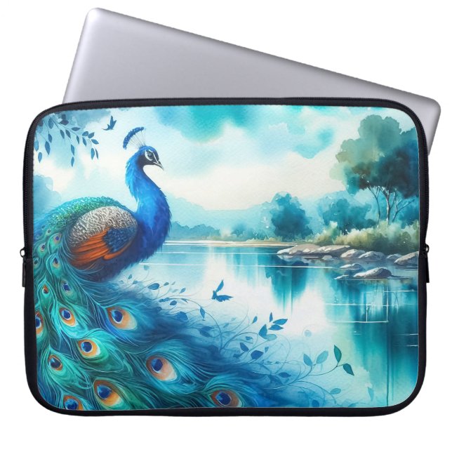 Elegant Watercolor Peacock Laptop Sleeve (Front)