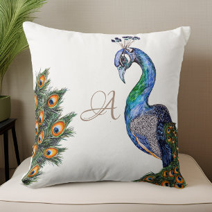 Elegant Watercolor Peacock Monogram Cushion
