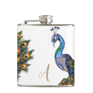 Elegant Watercolor Peacock Monogram Hip Flask
