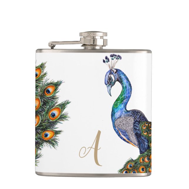 Elegant Watercolor Peacock Monogram Hip Flask (Front)