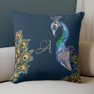 Elegant Watercolor Peacock Monogram Navy Cushion
