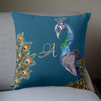Elegant Watercolor Peacock Monogram Navy Cushion
