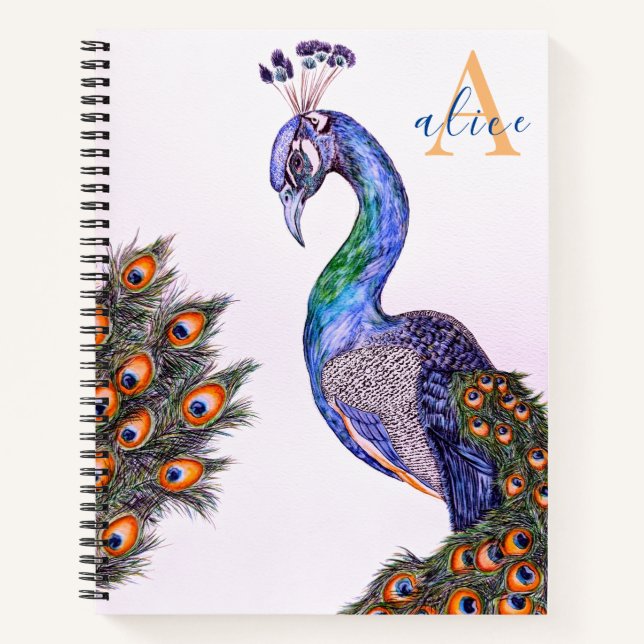 Elegant Watercolor Peacock Monogram Pink Notebook (Front)