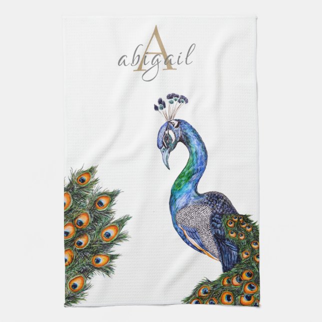 Elegant Watercolor Peacock Monogram Tea Towel (Vertical)