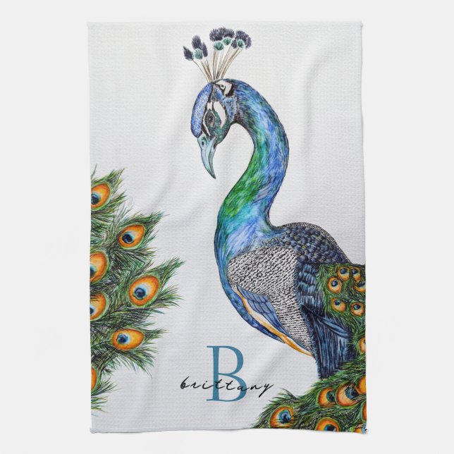 Elegant Watercolor Peacock Monogram Tea Towel (Vertical)
