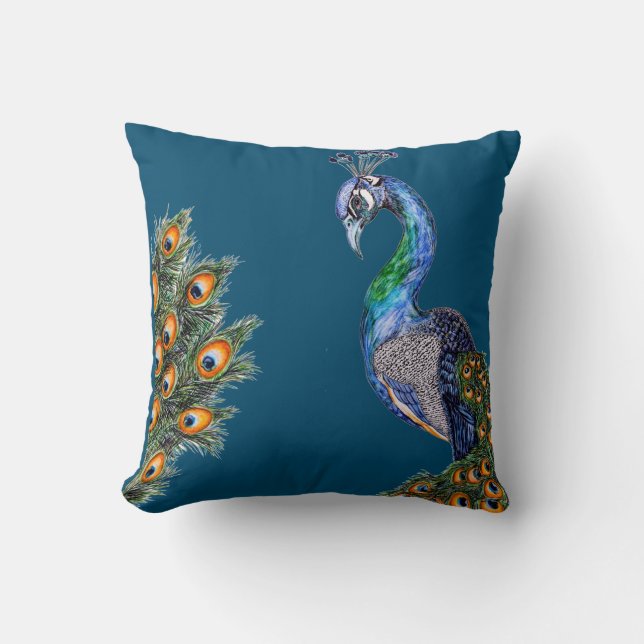 Elegant Watercolor Peacock Navy Cushion (Front)