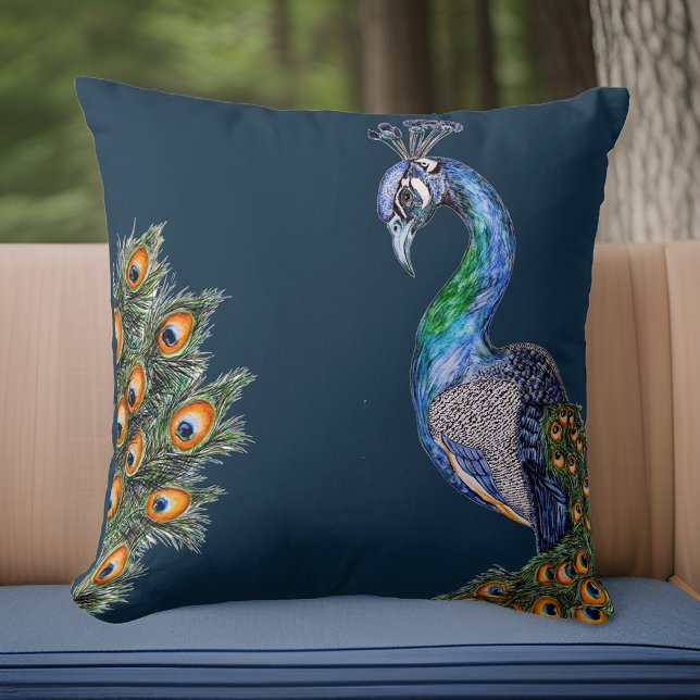 Elegant Watercolor Peacock Navy Cushion (Creator Uploaded)