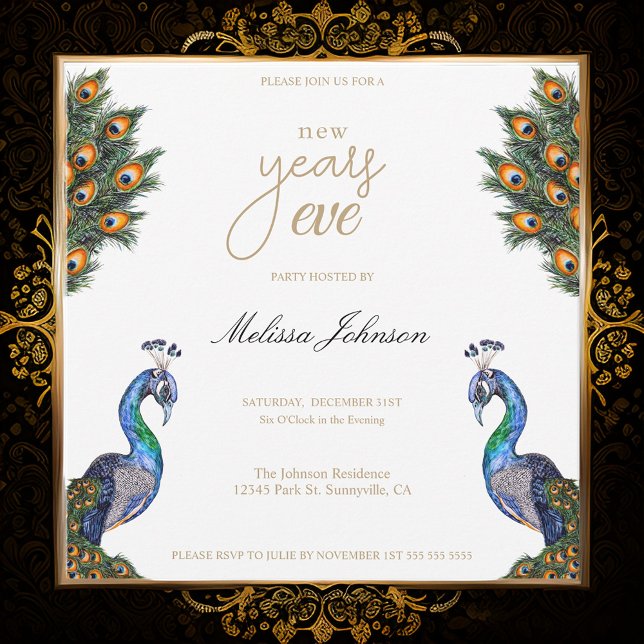 Elegant Watercolor Peacock New Year's Eve Party Invitation (Creator Uploaded)