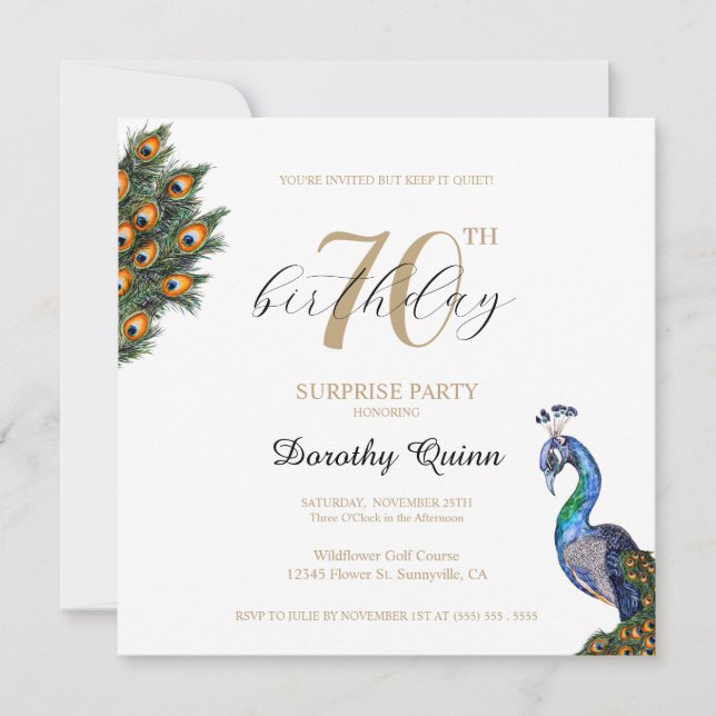 Elegant Watercolor Peacock Surprise Birthday Party Invitation (Front)