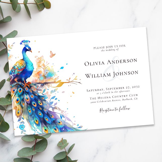 Elegant Watercolor Peacock Wedding Invitation (Creator Uploaded)