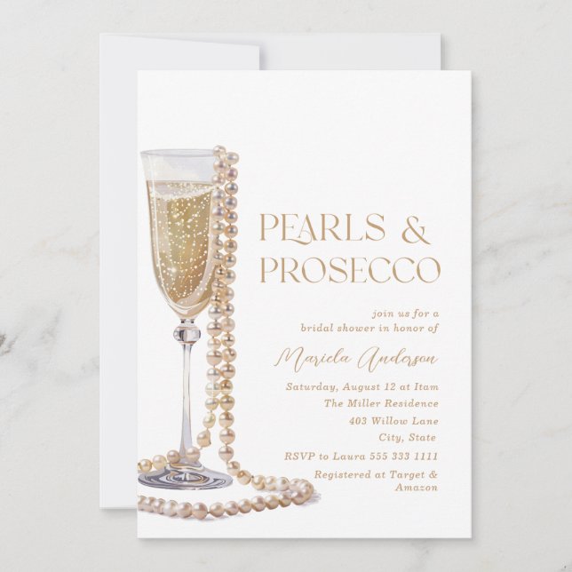 Elegant Watercolor Pearls and Prosecco  Bridal Sho Invitation (Front)