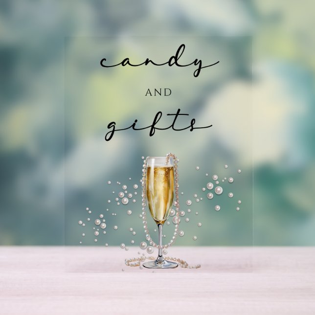 Elegant Watercolor Pearls & Prosecco Bridal Shower Acrylic Sign (Neutral)