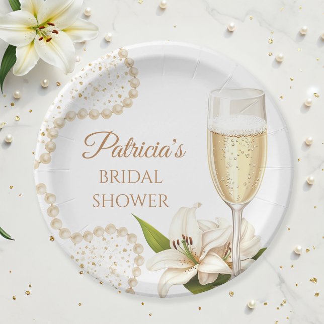 Elegant Watercolor Pearls & Prosecco Bridal Shower Paper Plate (Creator Uploaded)