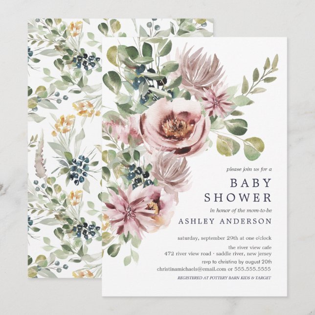 Elegant Watercolor Peonies Floral Baby Shower Invitation (Front/Back)