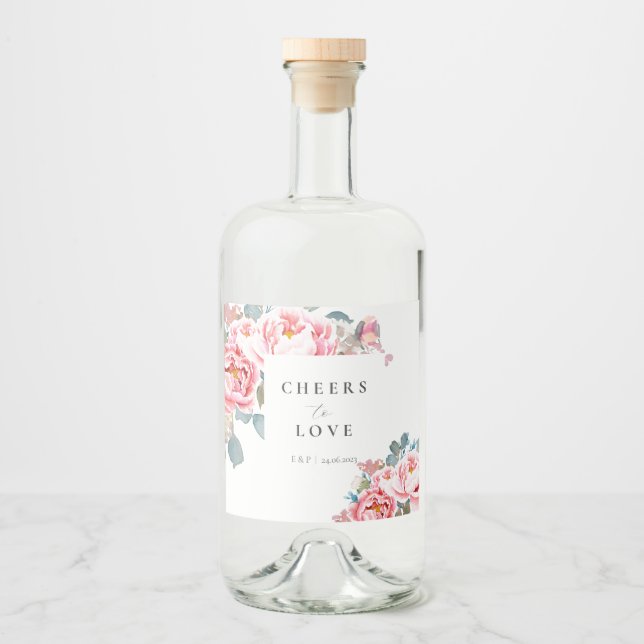 Elegant Watercolor Peonies Wedding  Liquor Bottle Label (Front)