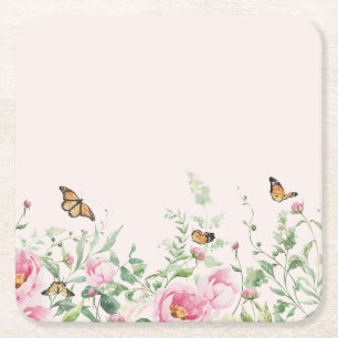 Elegant Watercolor Peony and Butterfly Floral Pape Square Paper Coaster