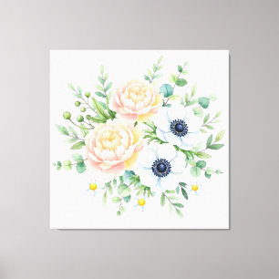 Elegant watercolor peony and white anemone floral canvas print