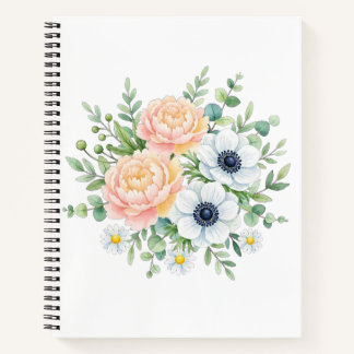Elegant watercolor peony and white anemone floral notebook