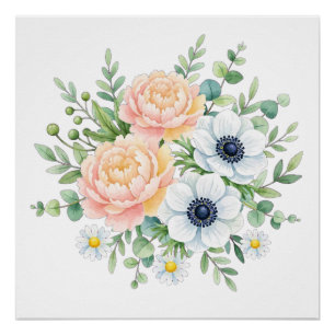 Elegant watercolor peony and white anemone floral poster