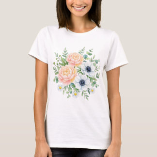 Elegant watercolor peony and white anemone floral T-Shirt