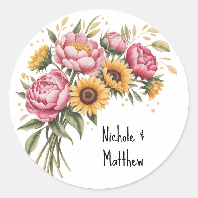 Elegant Watercolor Peony Bouquet Wedding Classic Round Sticker (Front)