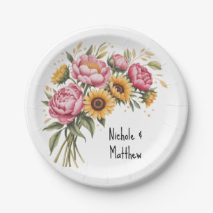 Elegant Watercolor Peony Bouquet Wedding Paper Plate