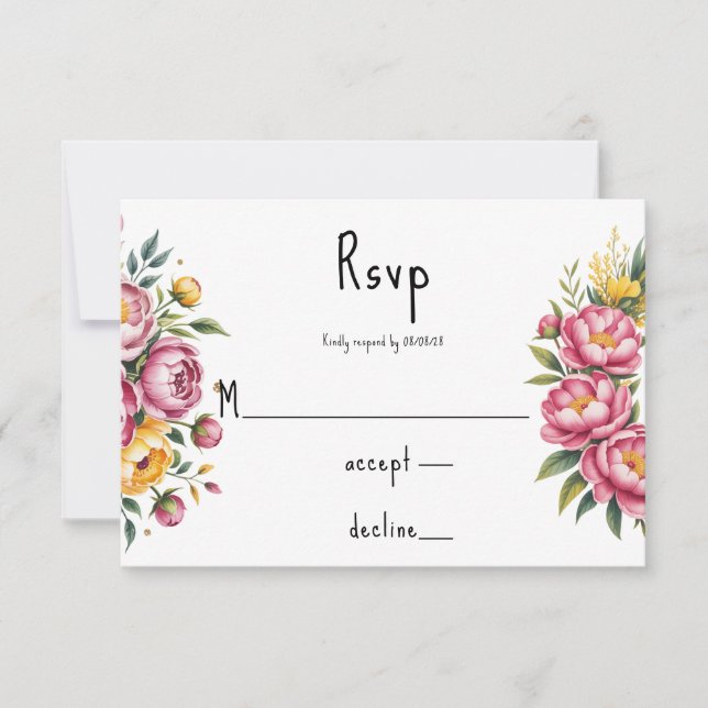 Elegant Watercolor Peony Bouquet Wedding RSVP Card (Front)