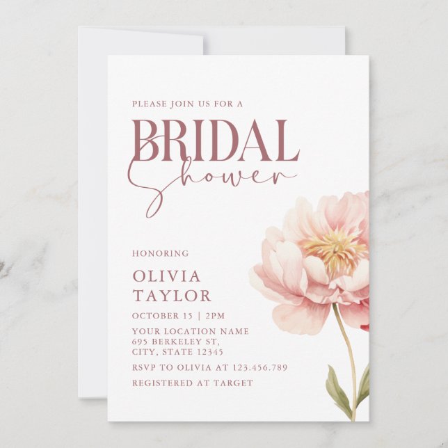 Elegant Watercolor Peony Bridal Shower Invitation (Front)