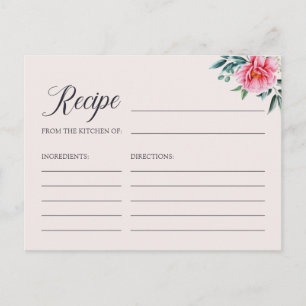 Elegant Watercolor Peony Bridal Shower Recipe Card