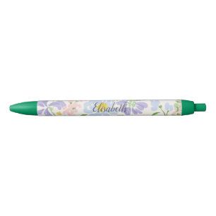 Elegant Watercolor Peony Flowers Monogram Black Ink Pen