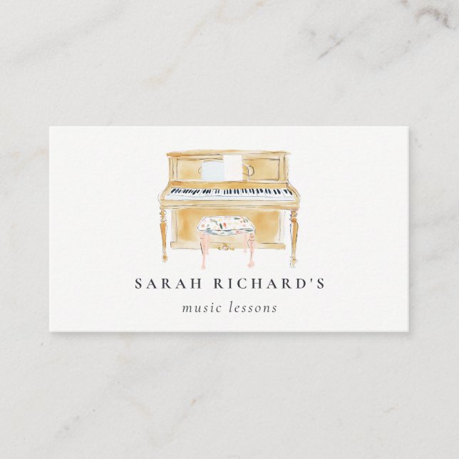 Elegant Watercolor Piano Musician Music Teacher Business Card (Front)