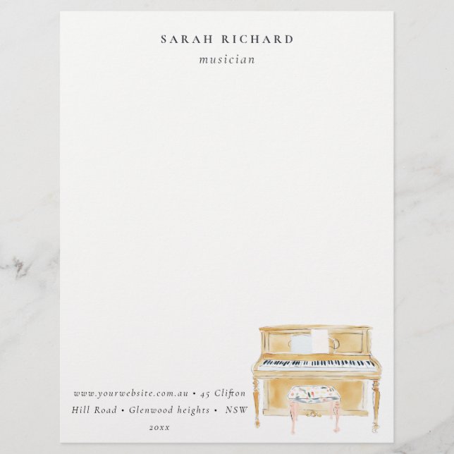 Elegant Watercolor Piano Musician Music Teacher Custom Letterhead (Front)